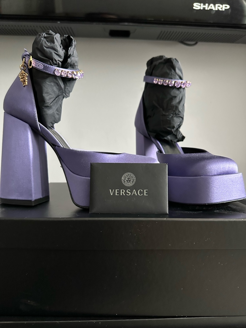 Versace Medusa Charm Satin Platform Pumps Gold Medusa Heels NWT Authentic